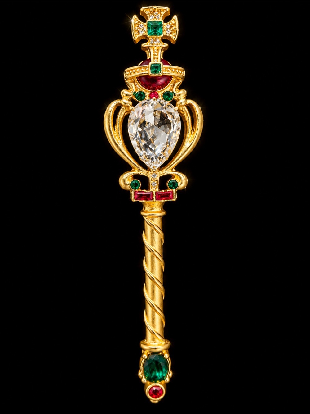 Vintage Gold-Tone Jeweled Scepter Brooch Emerald Ruby Accents 🆕
